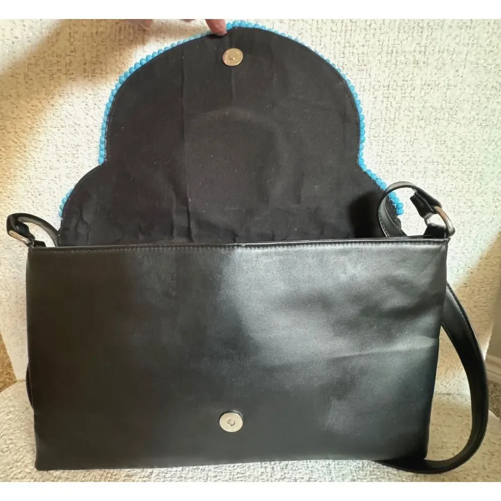 Shoulder Handbag Black with‎ Beaded Art Blue Turquoise Beads Sea Shells Design